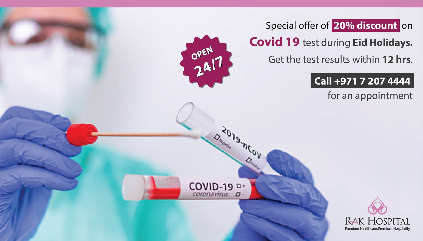 Special offer of 20% discount on Covid 19 Test during Eid Holidays.